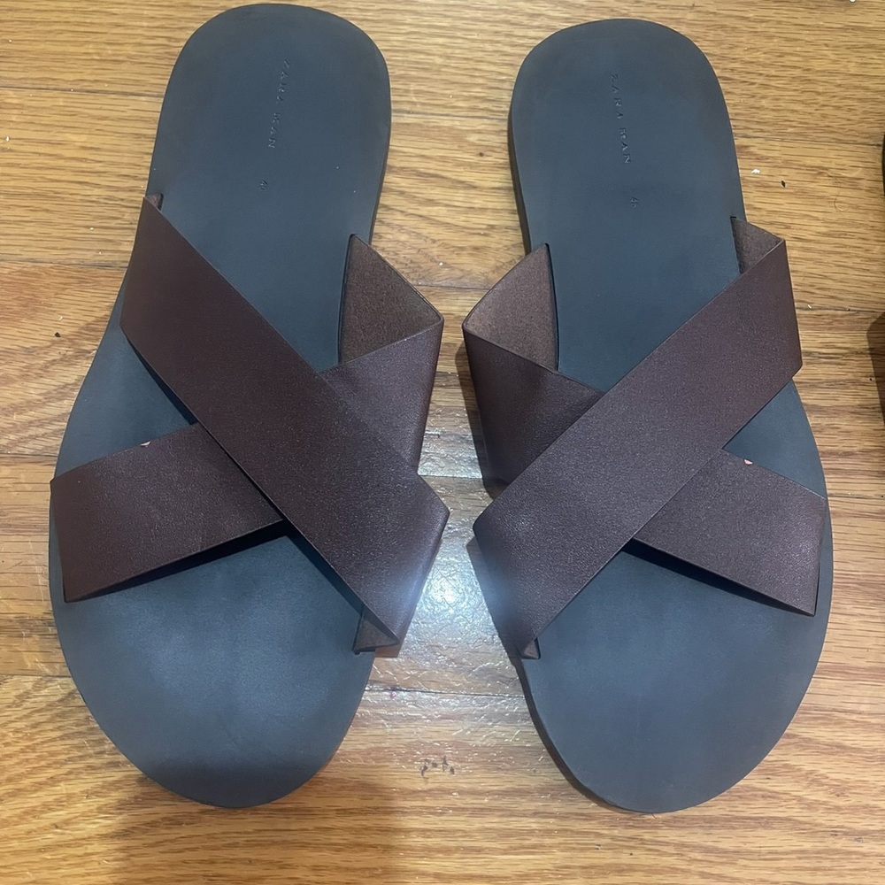 2 Zara slippers sandals Black and Brown Slide Sandals Sz 45 - Picture 3 of 11